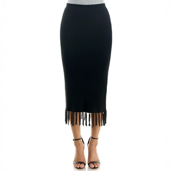 Nicole Miller | Black Ribbed Sweater Midi Skirt with Fringed Hem | Various Sizes - Picture 1 of 10